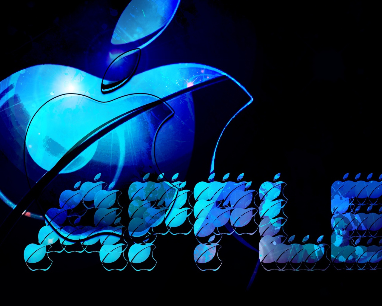 Синий неоновый логотип Apple на черном фоне