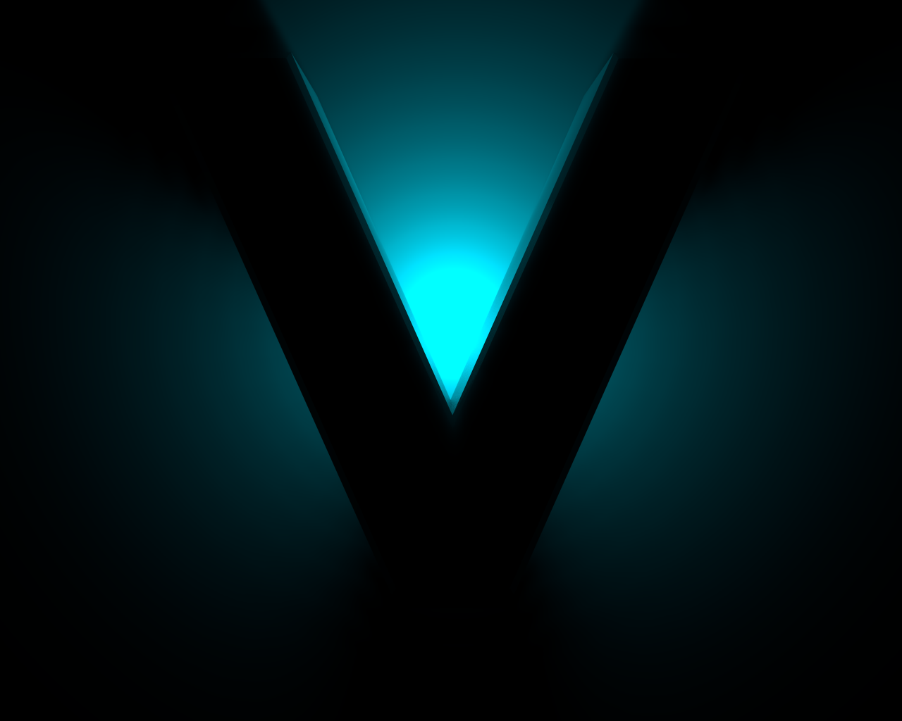 Большой черный знак V на синем фоне