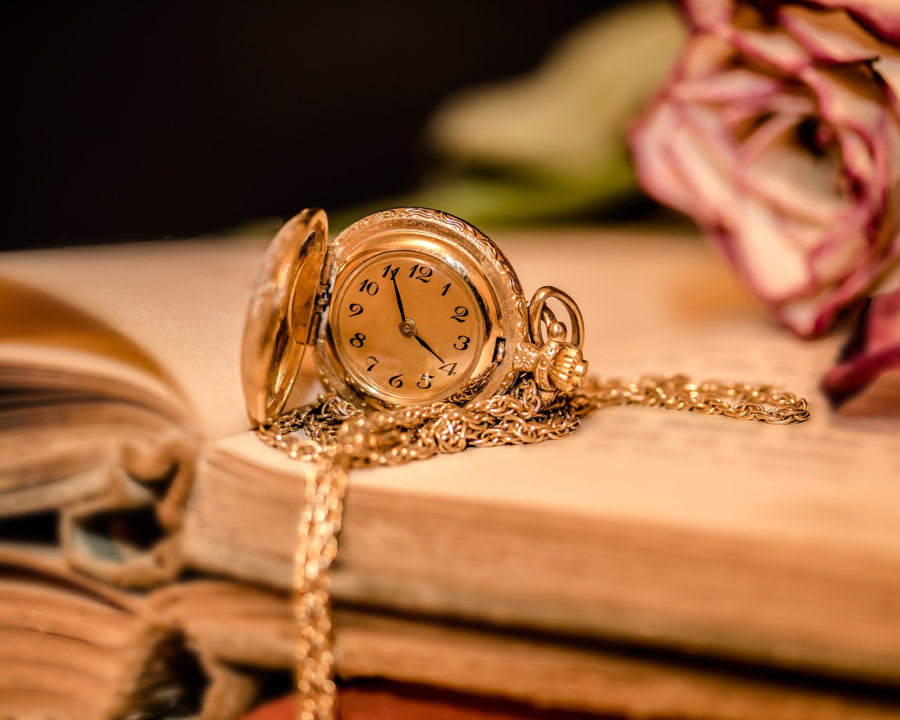 Золотые женские часы на цепочке лежат на книге