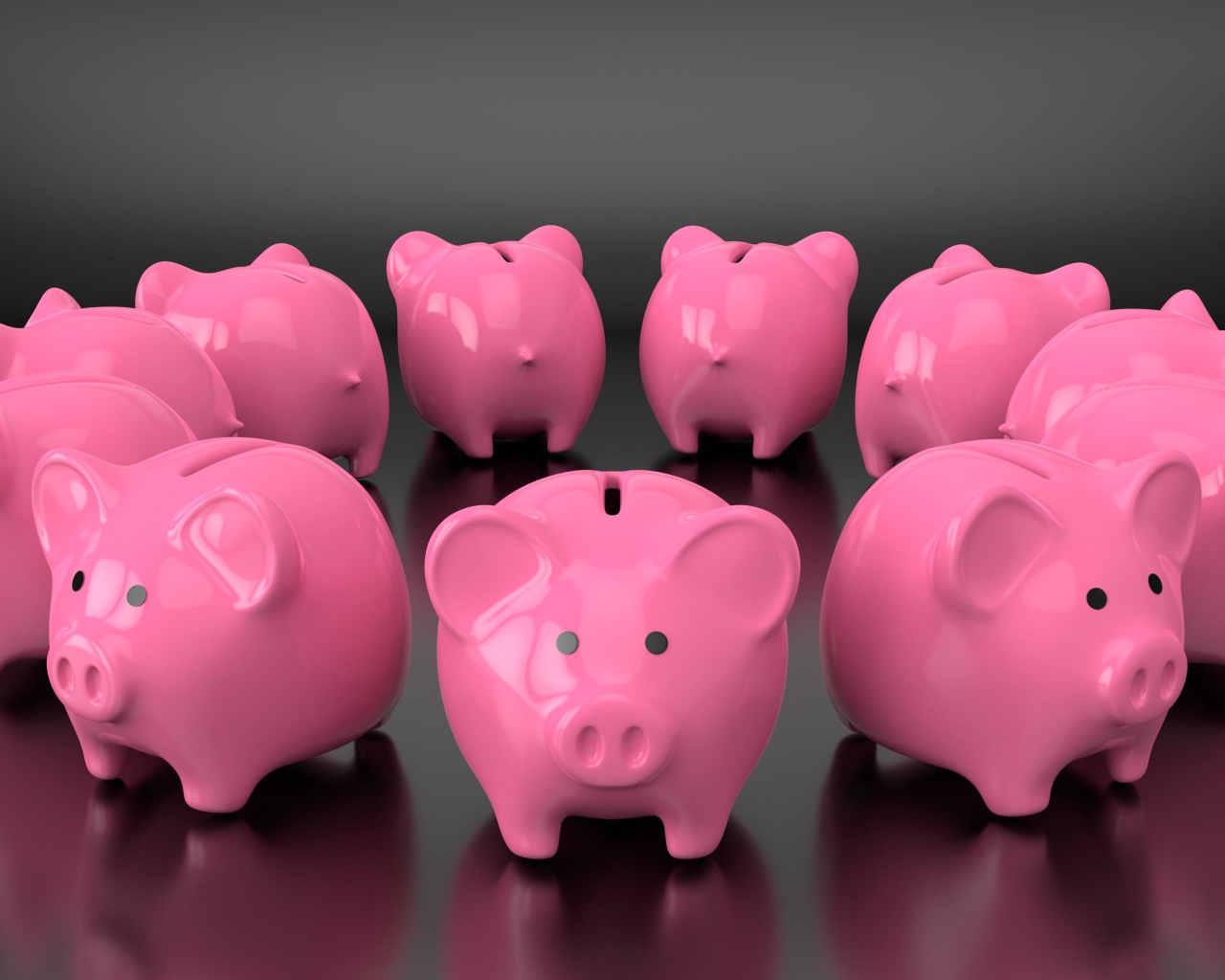 Много розовых свиней копилок на сером фоне