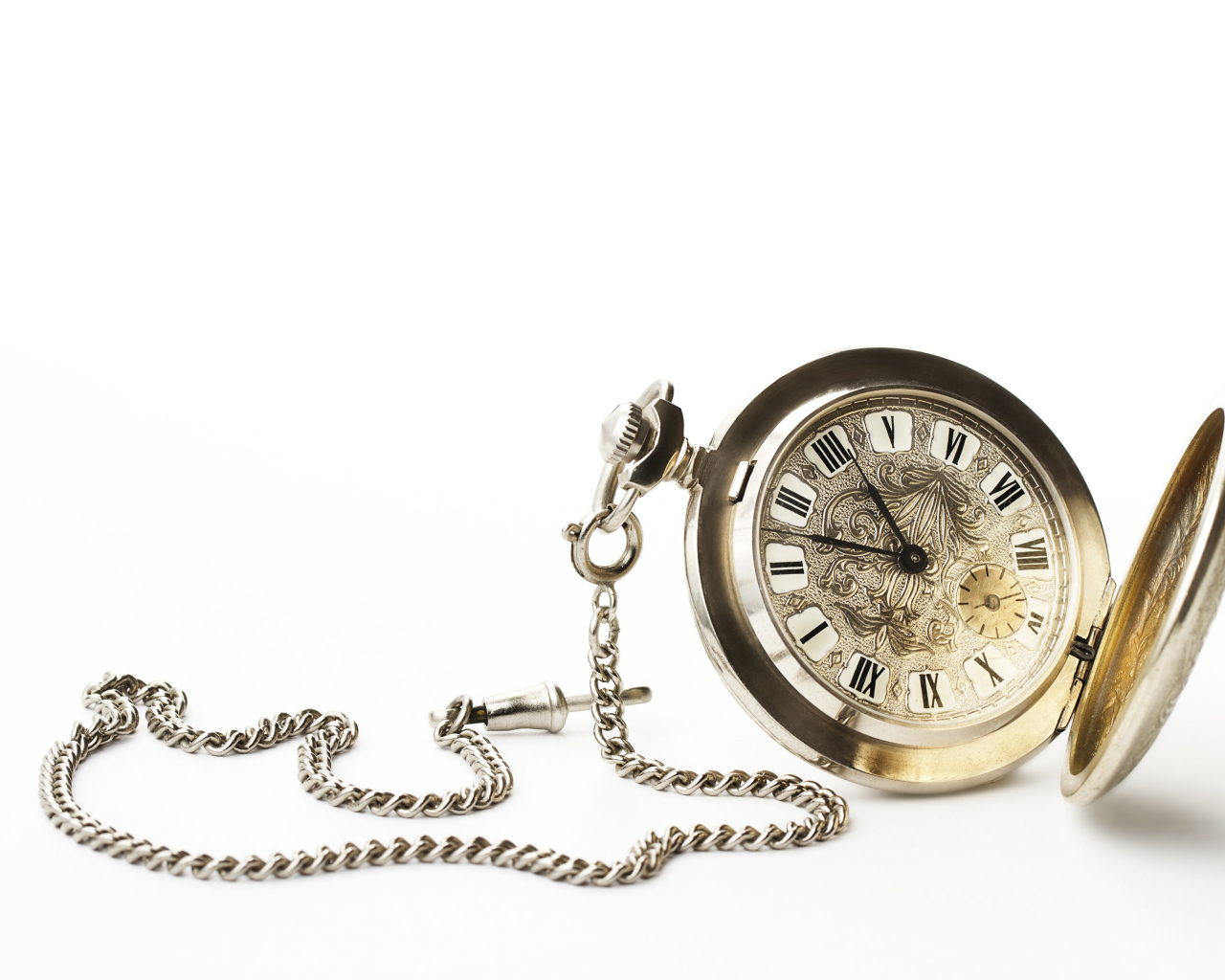 Old pocket watch on a chain on a white background