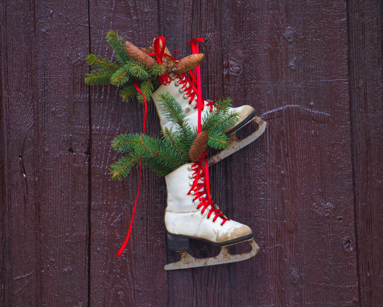 Старые коньки с еловыми ветками на двери 