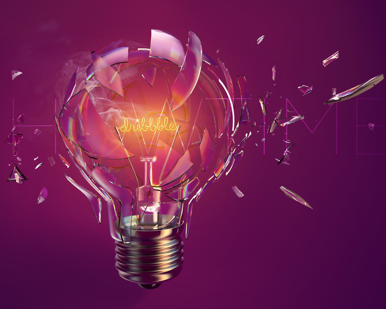Включенная лампа разрывается на сиреневом фоне