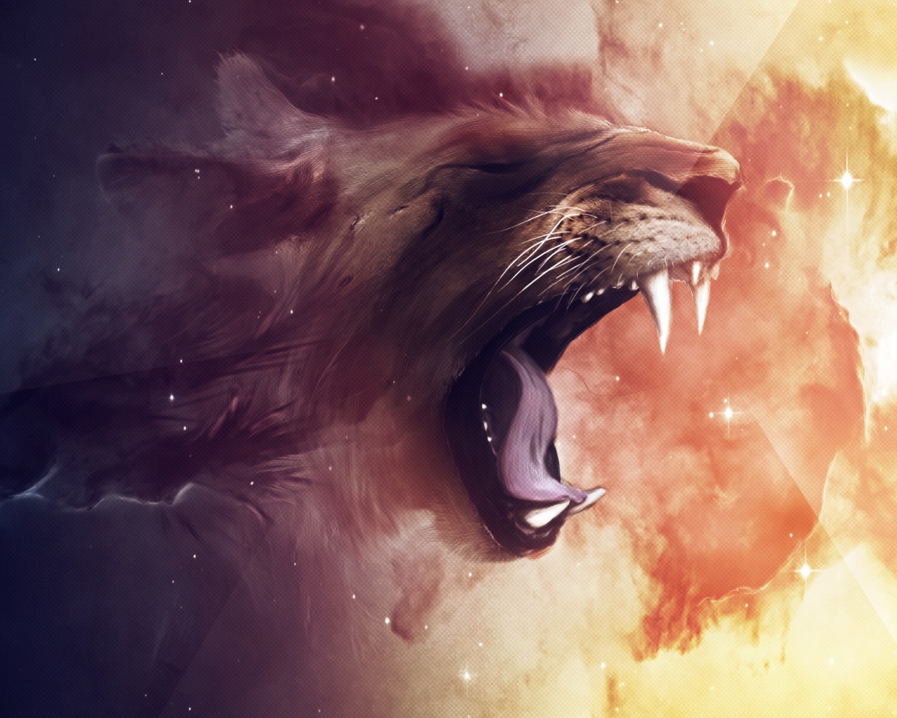 Painted lion yawns on a fiery background