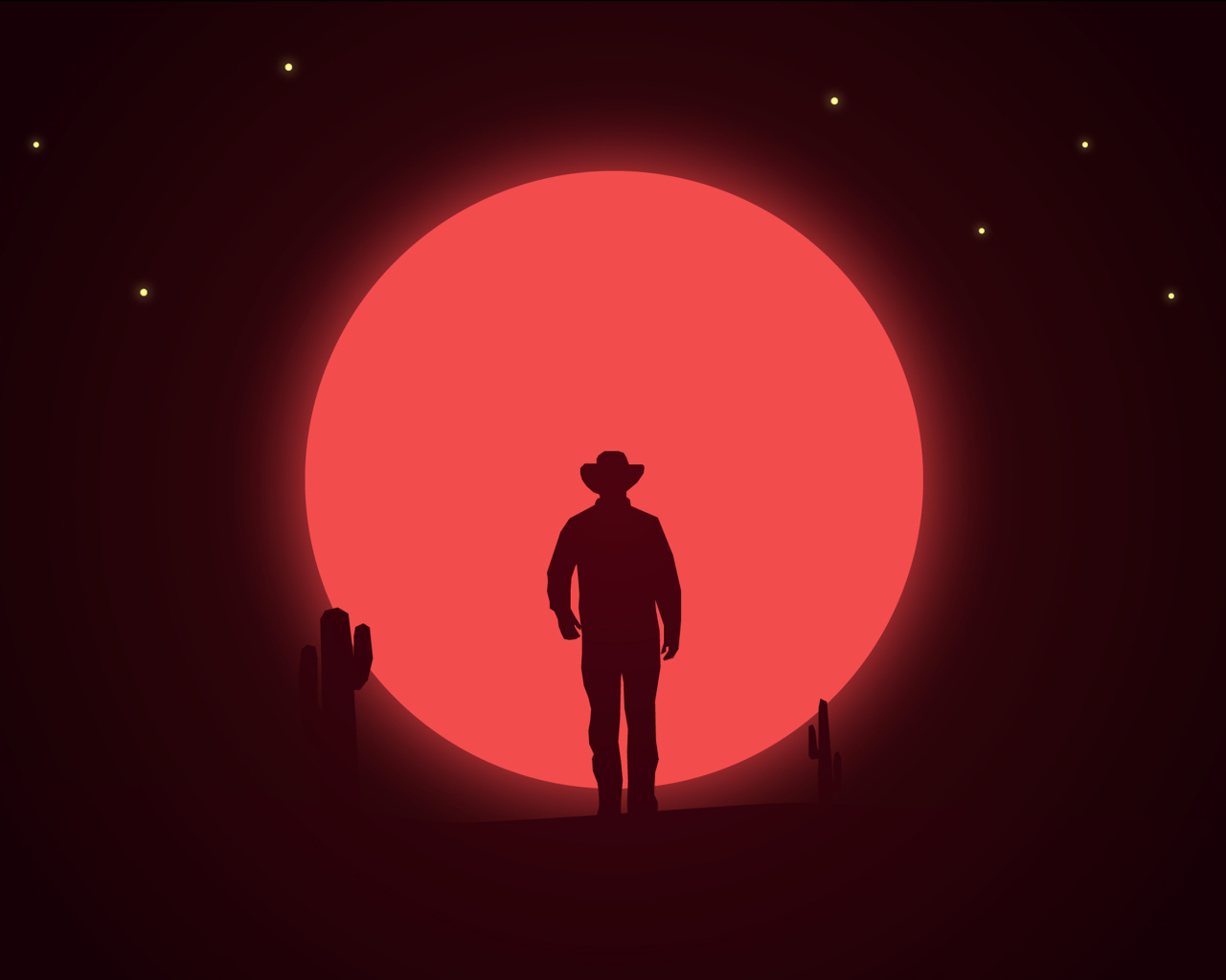 Силуэт ковбоя на фоне красной луны