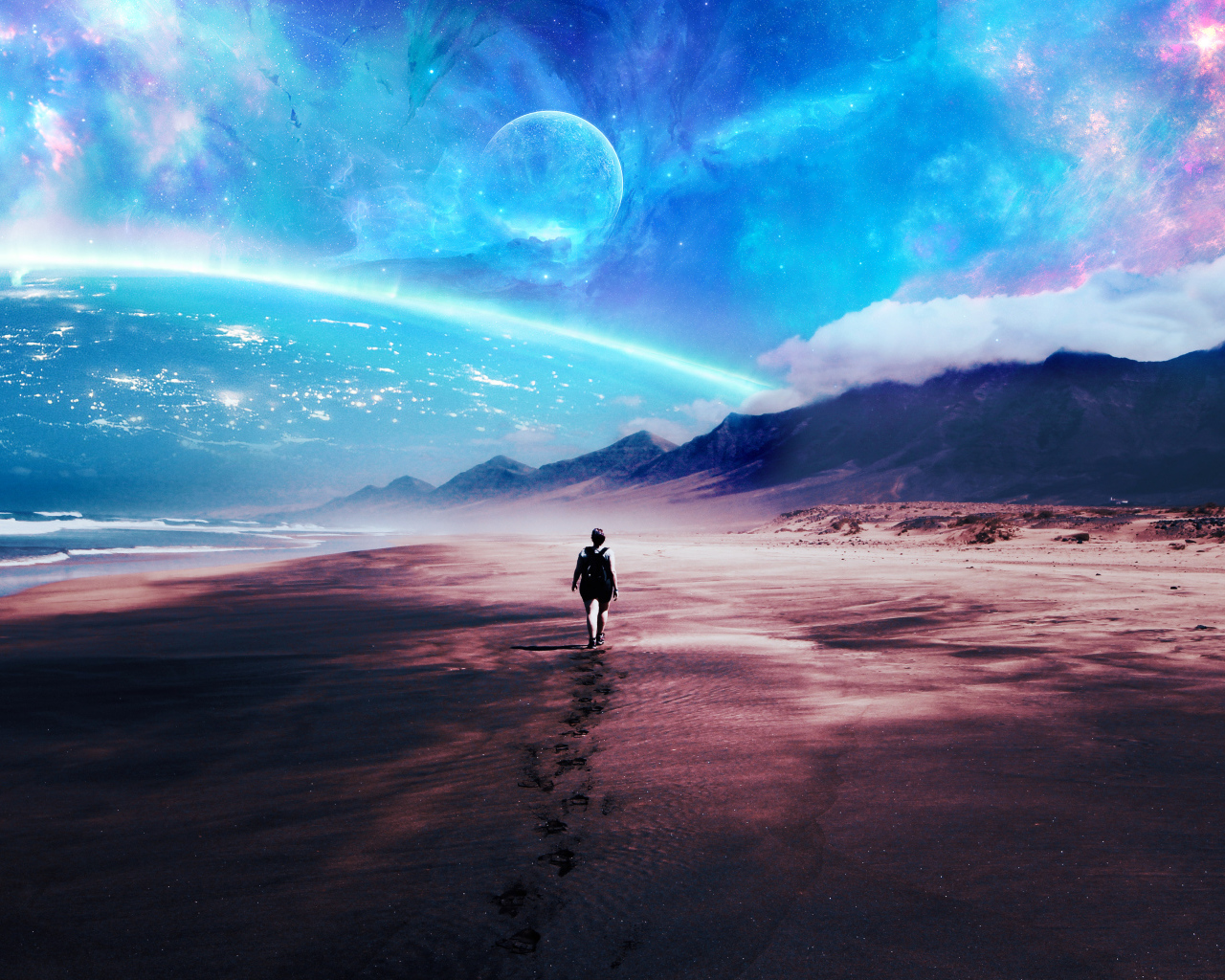 Человек идет по песку на фоне фантастического неба