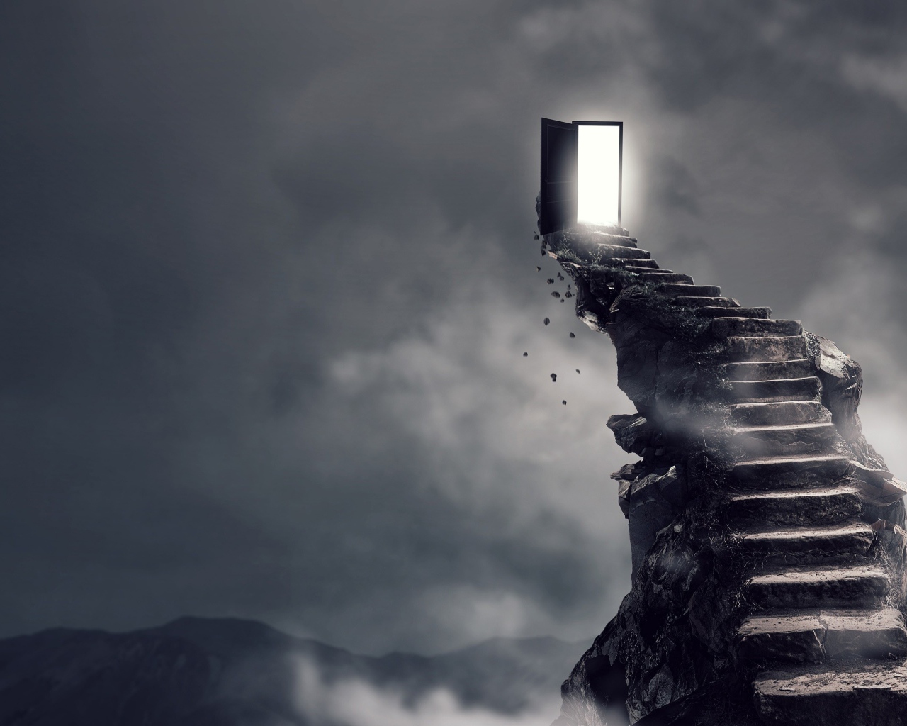 Каменная лестница ведет к двери в небе 