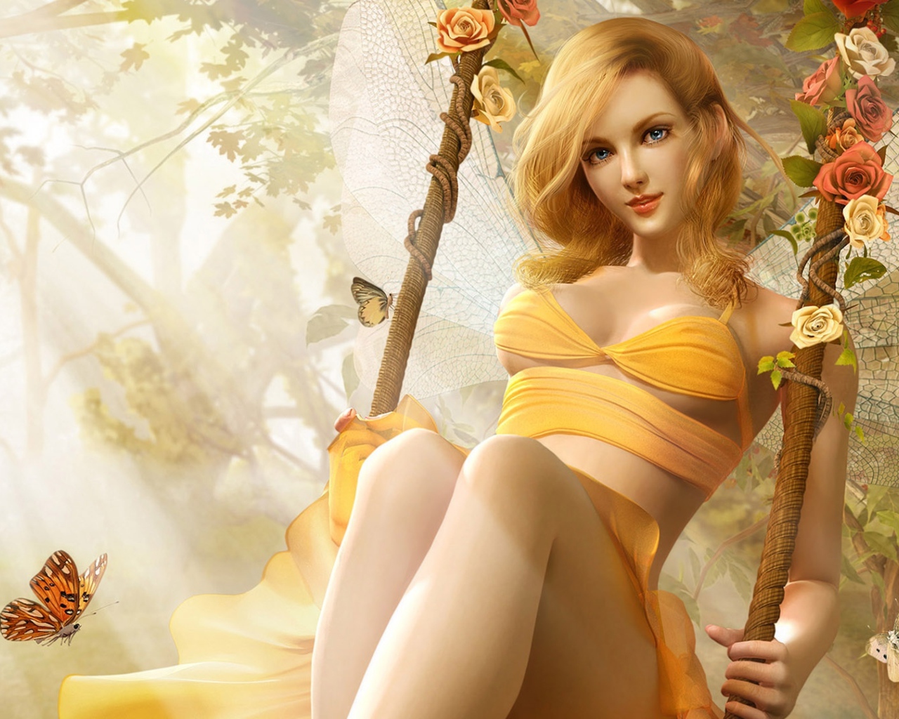 Красивая девушка эльф катается на качели