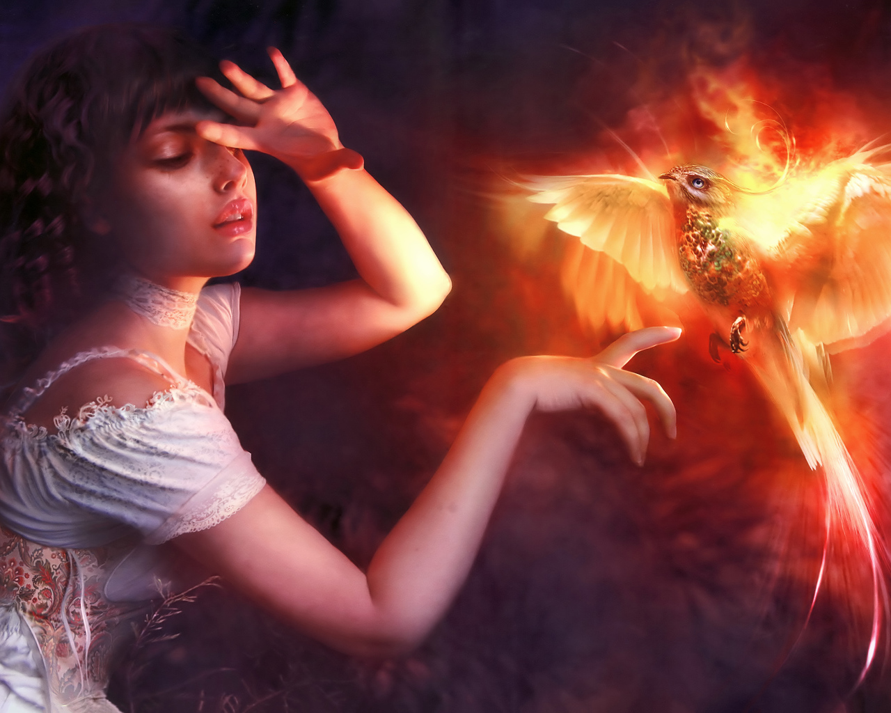 Beautiful girl with a mythical phoenix bird