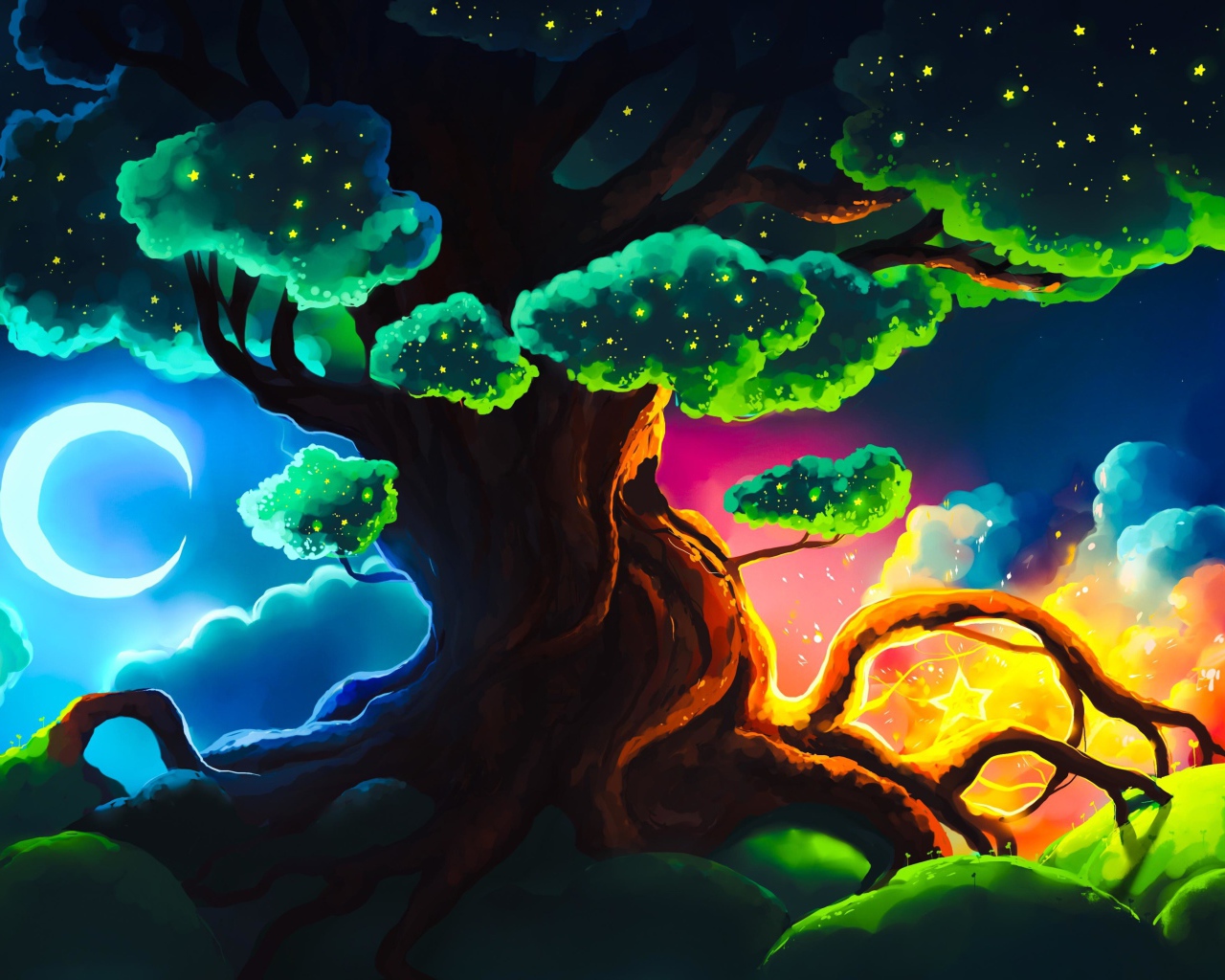 Большое фантастическое дерево ночью