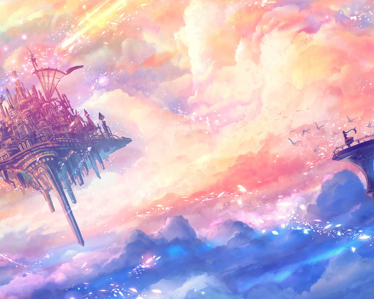 Фантастический замок на летающем острове в небе 