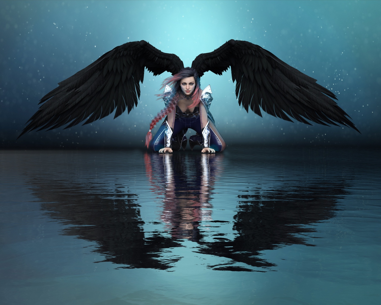 Фантастическая девушка ангел с черными крыльями отражается в воде 
