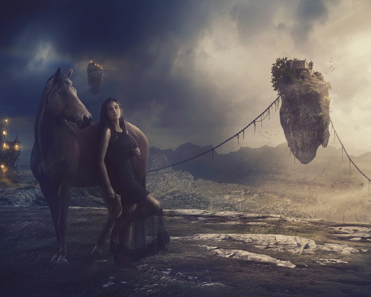 Девушка в черном платье с лошадью на фантастической планете