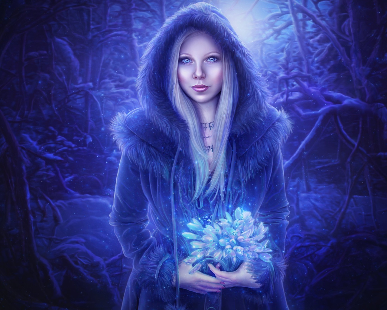 Girl with a bouquet of flowers in a neon light in the forest