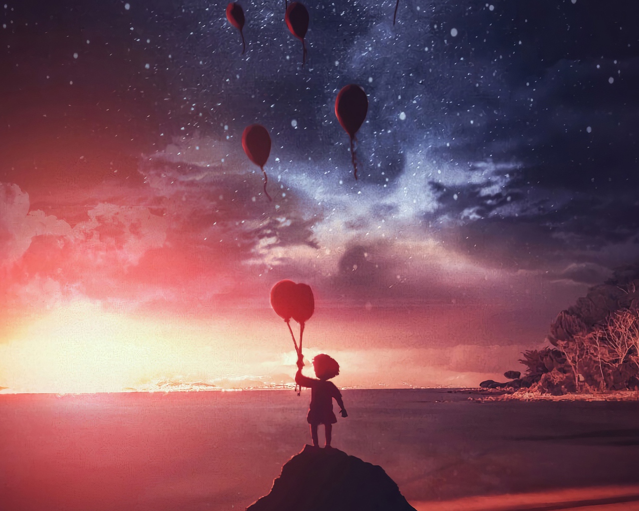 Маленький мальчик запускает в ночное небо воздушные шары на берегу реки