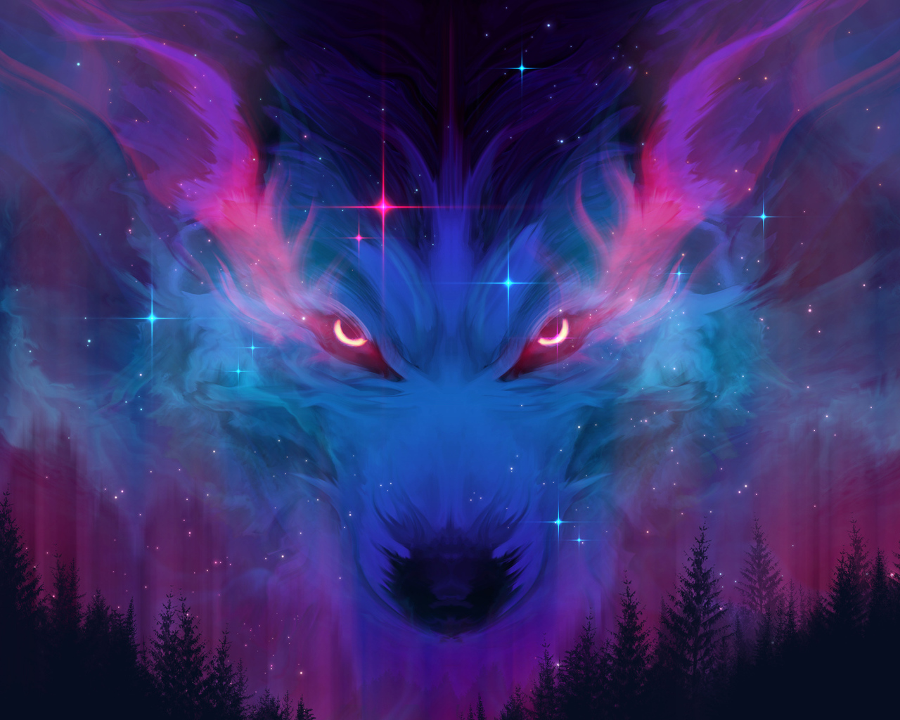 Неоновый волк в облаках над лесом