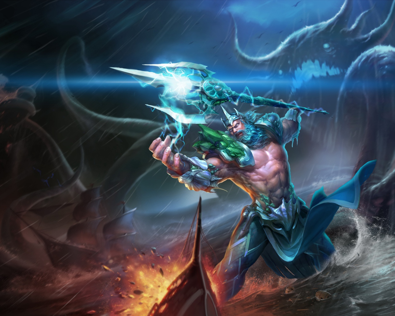 Грозный царь Посейдон в море с трезубцем