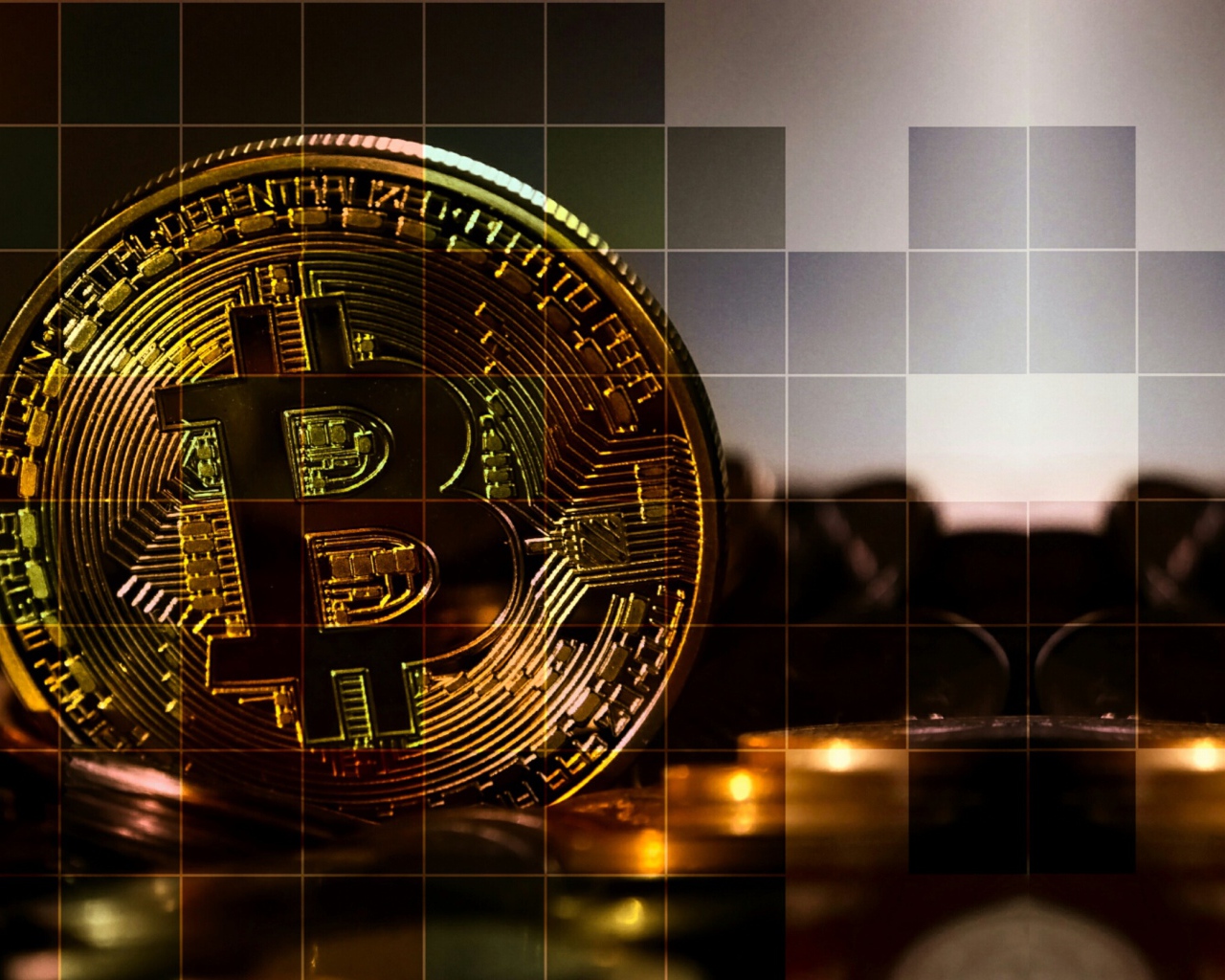 Bitcoin coins on a background in a cage