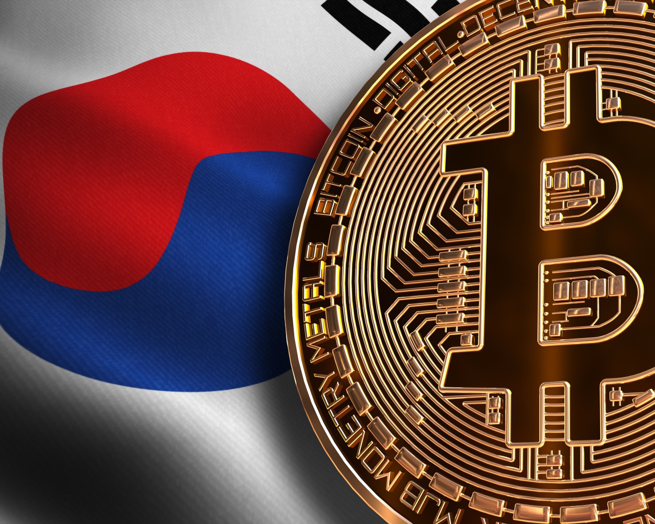 Золотая монета биткоин на фоне флага Кореи