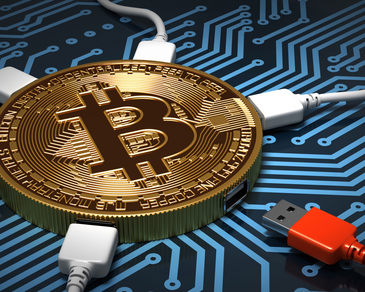 Кабель USB подключен к монете биткоин