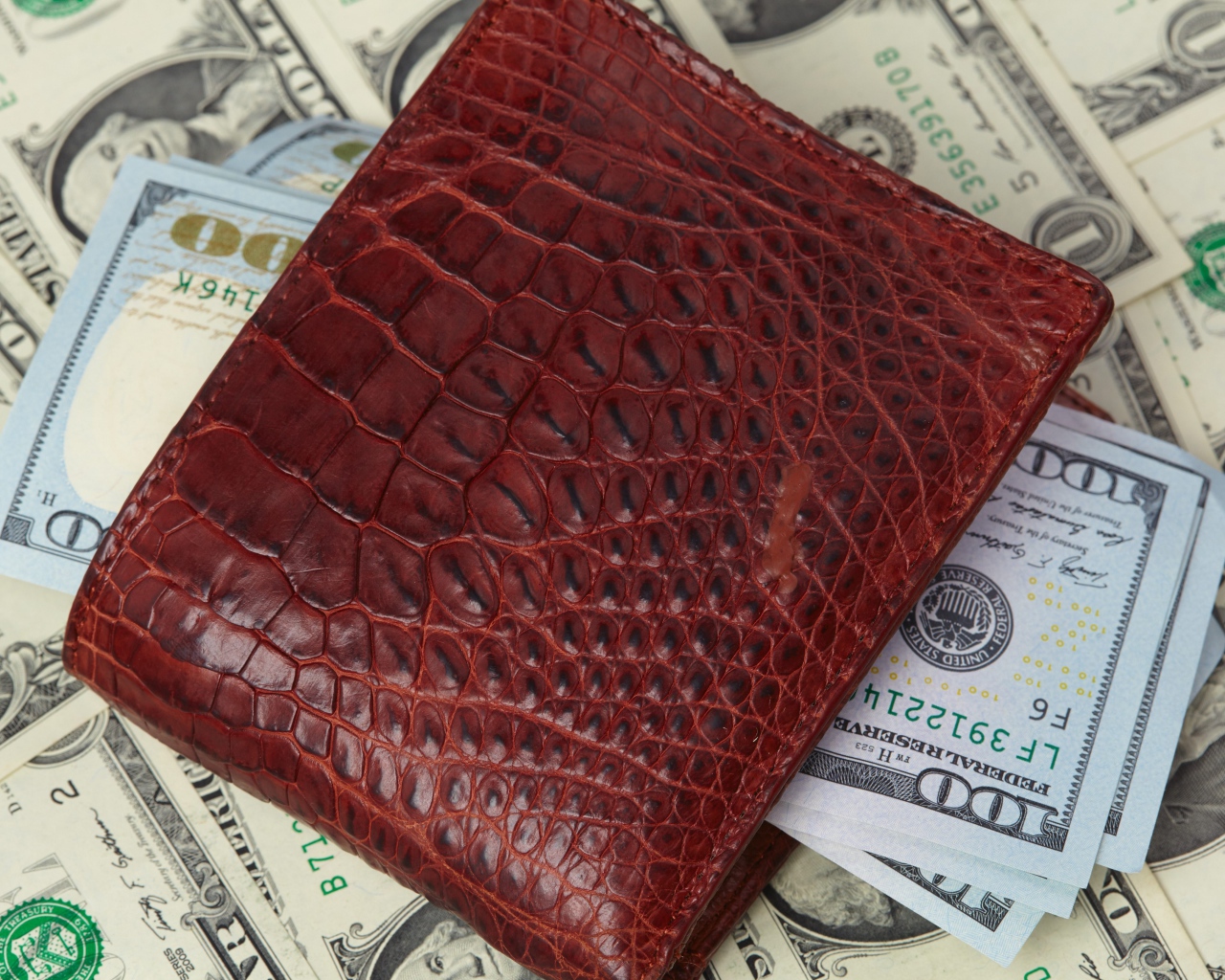 Кожаный кошелек с долларовыми купюрами