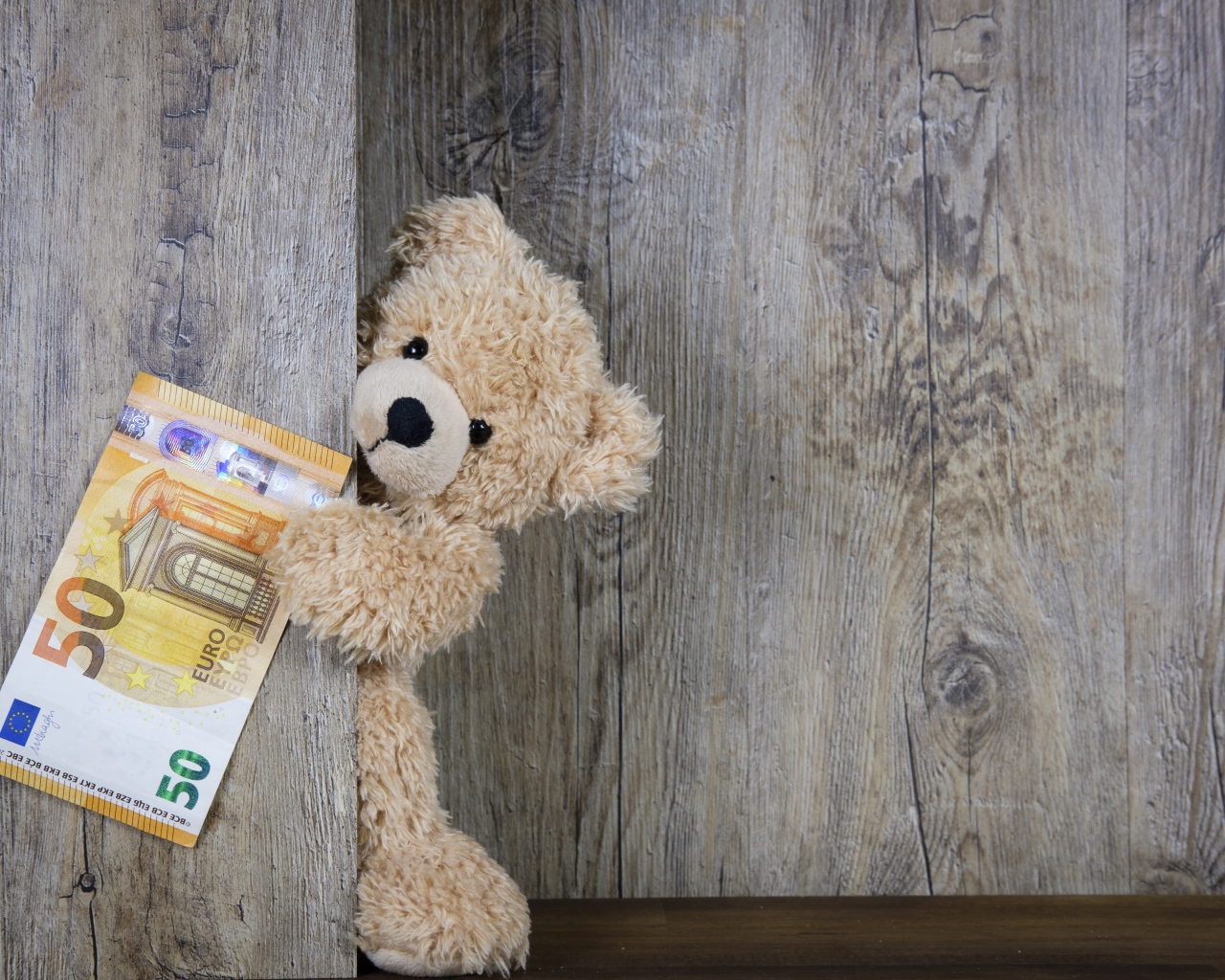 Teddy bear with a bill of fifty euros against the wall