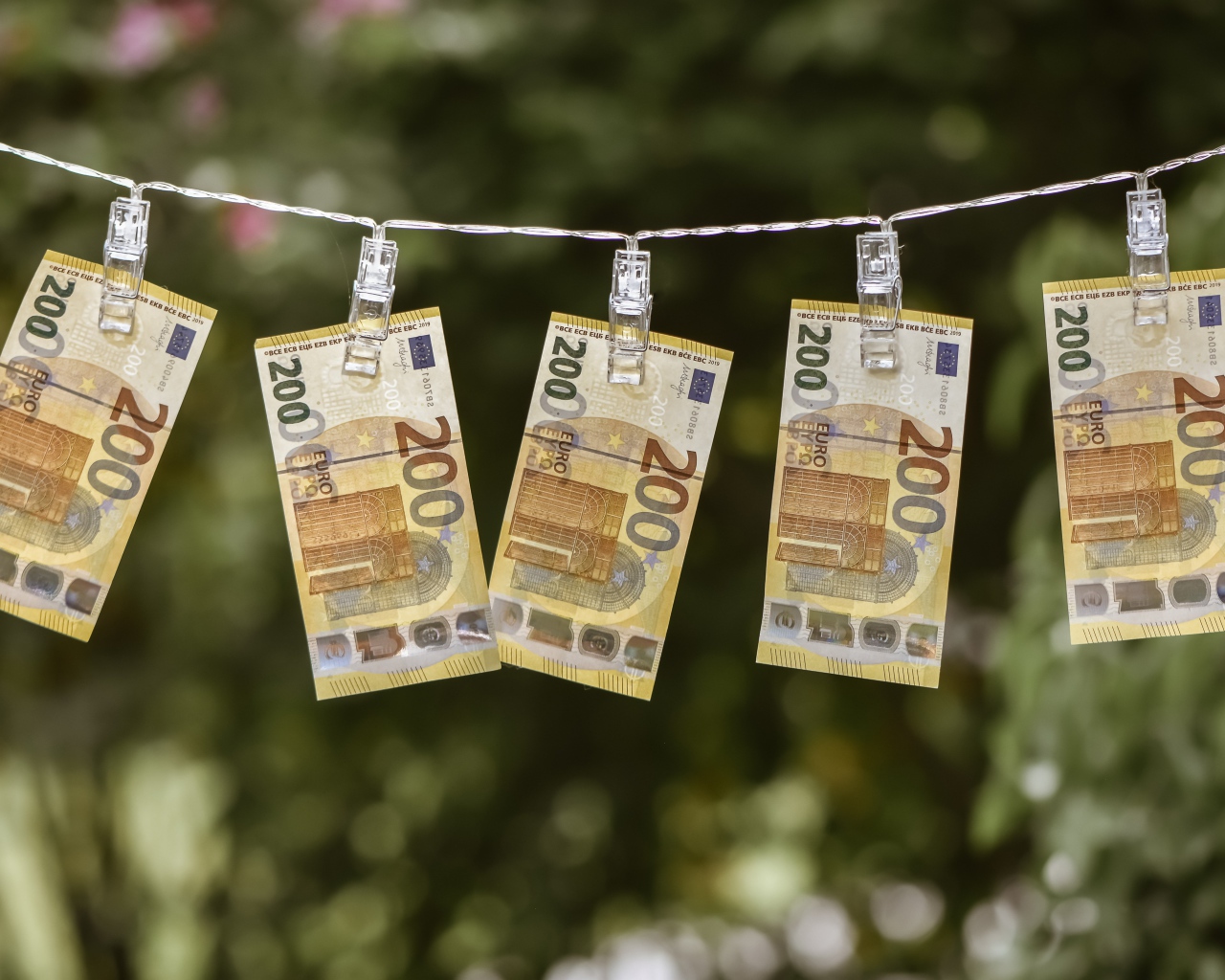 Two hundred euro banknotes dry on a rope
