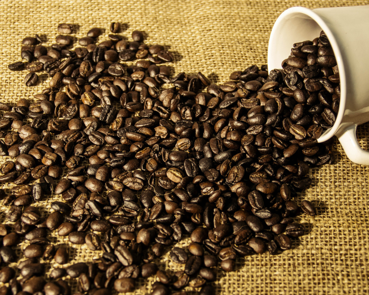 Кофейные зерна высыпаются из белой чашки 
