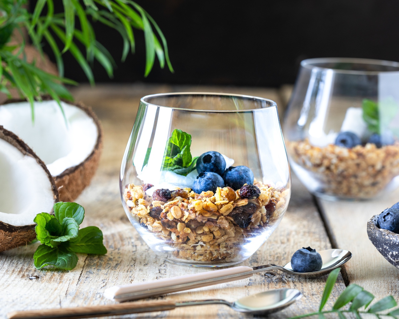 Мюсли с ягодами черники на столе с кокосом