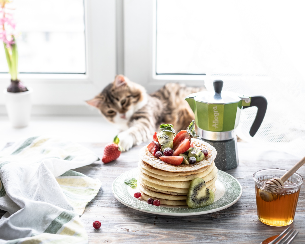 Блины на столе с ягодами, медом и котом 