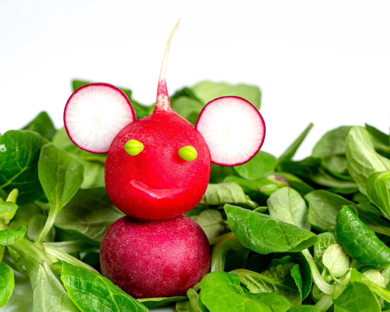 Зверь из красного редиса на листьях базилика 