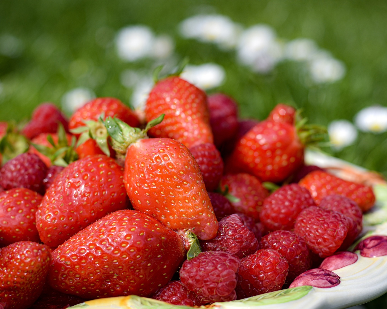 Спелая малина с ягодами клубники в тарелке 