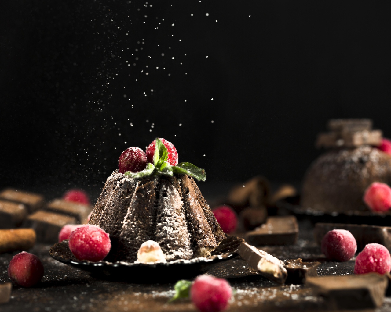 Шоколадный десерт на столе с ягодами клюквы 