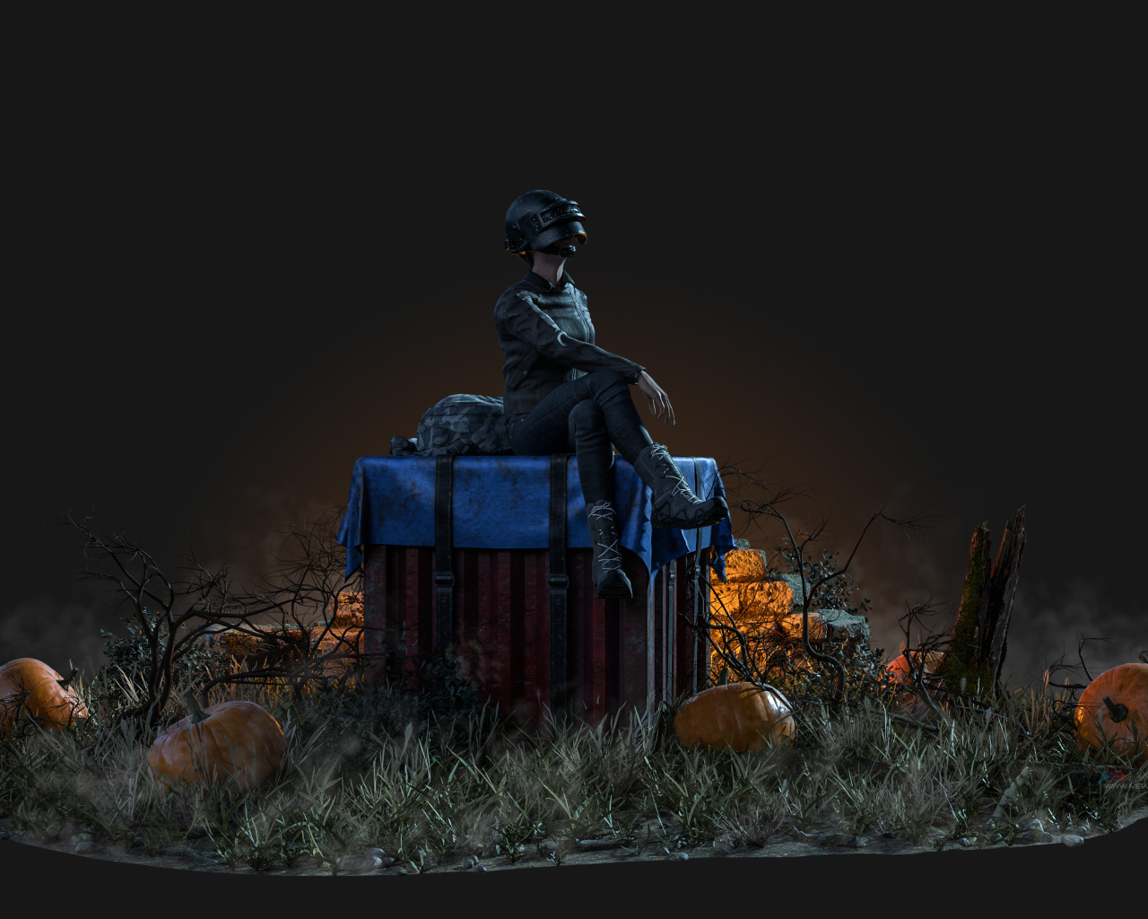 Персонаж компьютерной игры PUBG сидит на коробке 