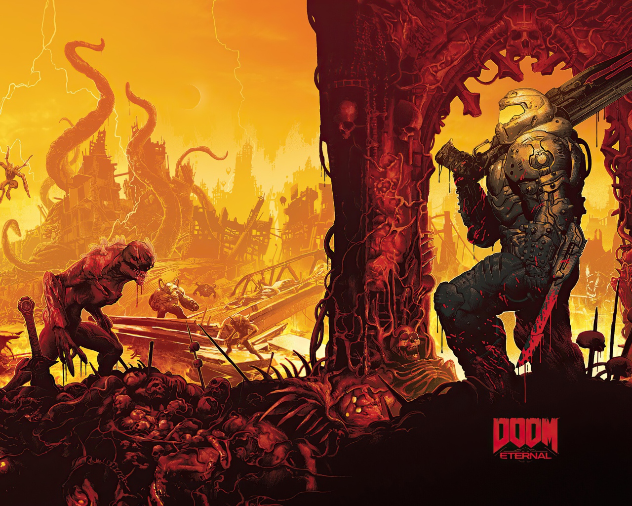 Солдат и монстры из компьютерной игры Doom Eternal, 2020