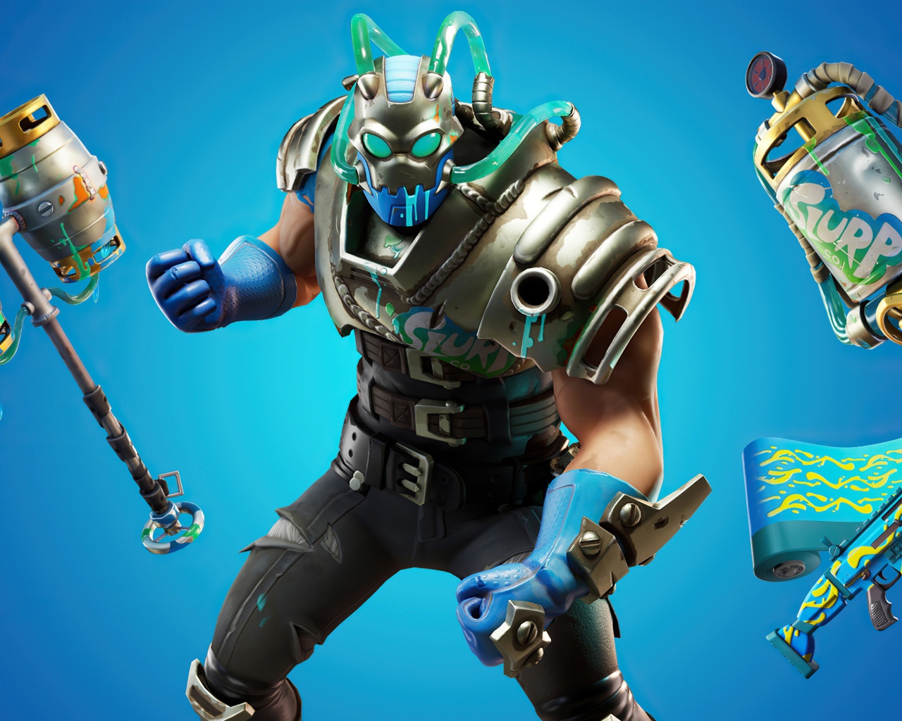 Воин выбирает оружие в игре Fortnite на голубом фоне