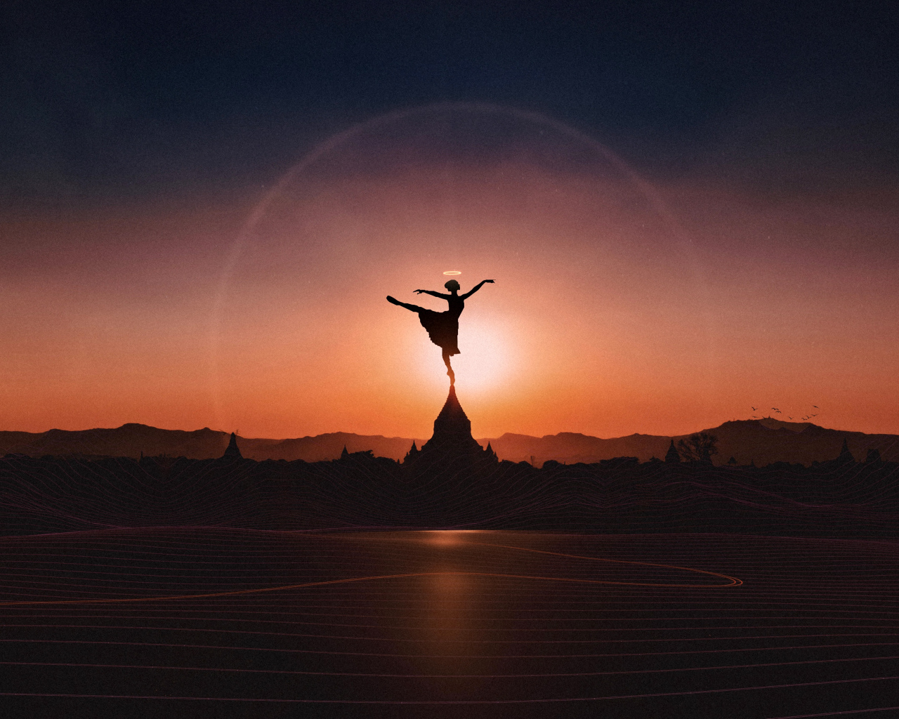 Девушка танцует балет на закате солнца