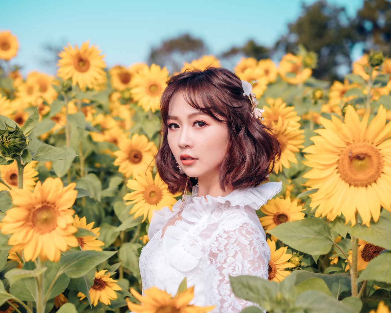 Красивая девушка азиатка в белом платье на поле с подсолнухами
