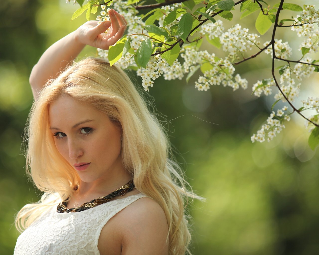 Красивая блондинка у ветки с белыми цветами