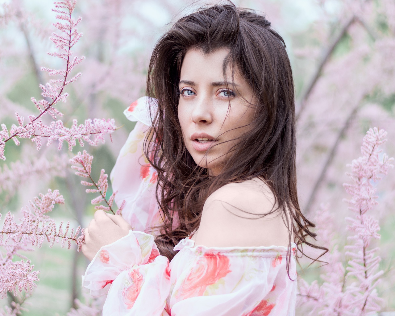 Красивая голубоглазая девушка в розовых зарослях 