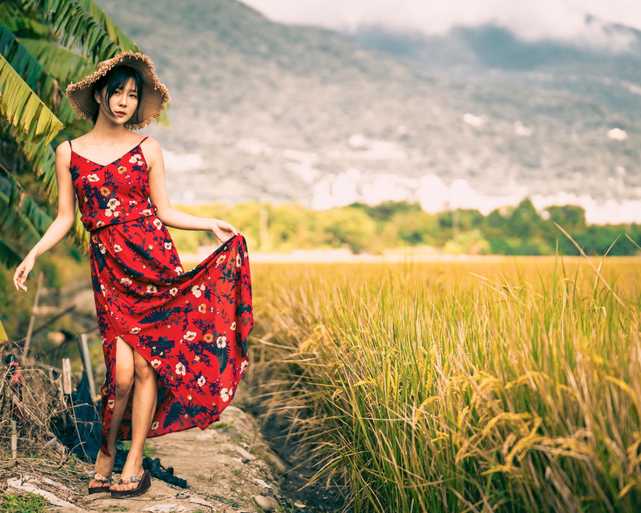 Молодая азиатка в сарафане на рисовом поле 