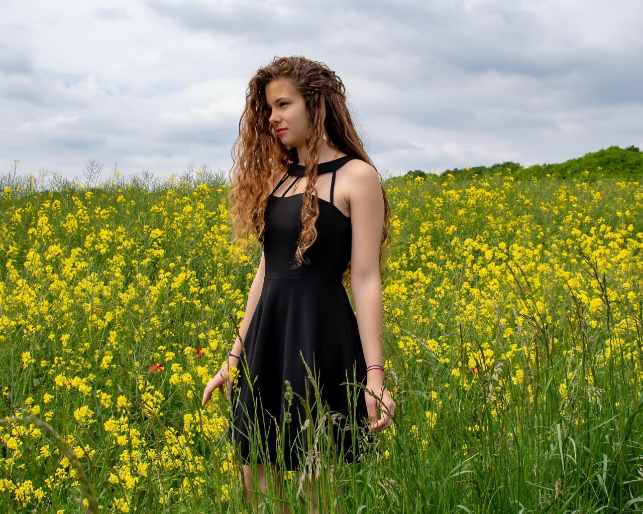 Молодая девушка в черном платье на поле с желтыми цветами
