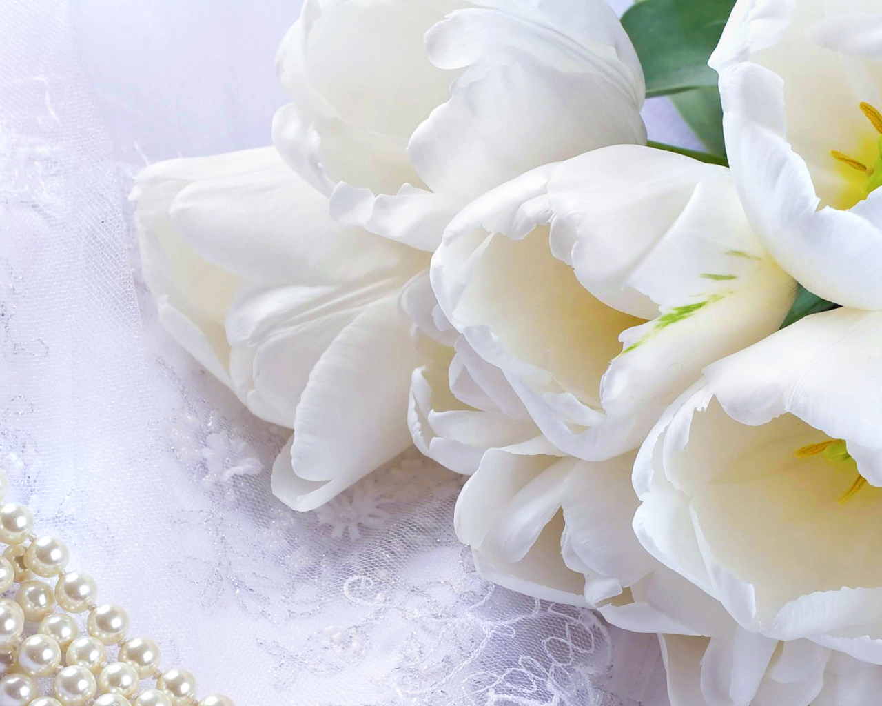 Букет белых тюльпанов с жемчужными бусами на 8 марта
