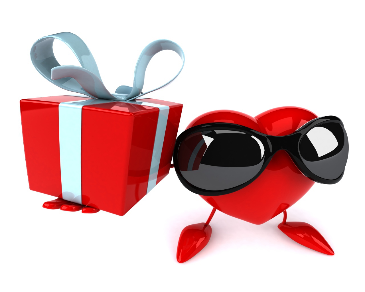 Сердце в черных очках с подарком на белом фоне на 14 февраля