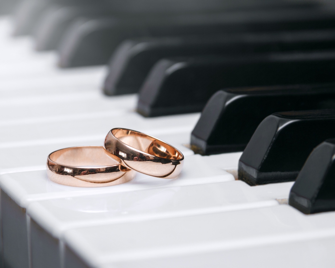 Two gold wedding rings on piano keys