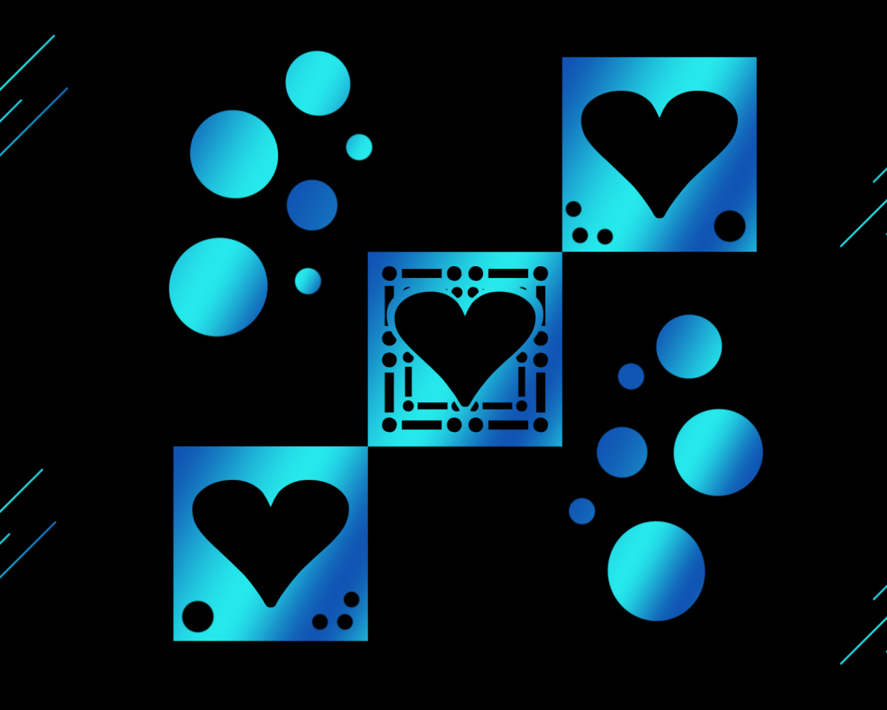 Голубые квадраты с сердечками на черном фоне