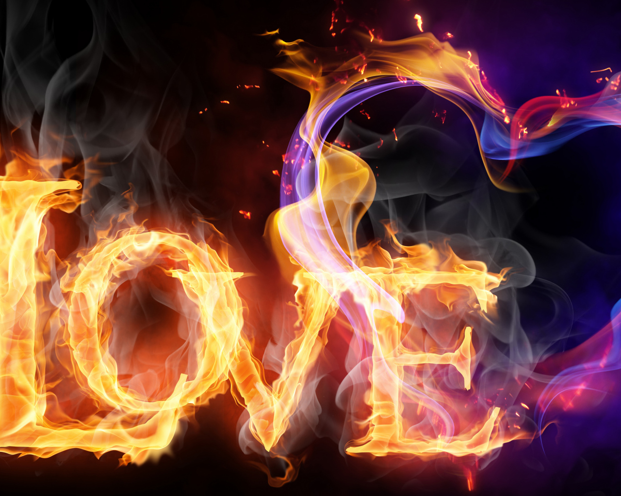 Огненное сердце и надпись любовь на черном фоне