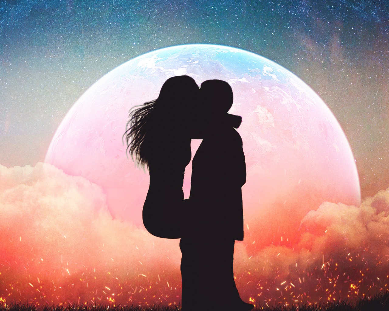 Поцелуй влюбленной пары на фоне планеты ночью 