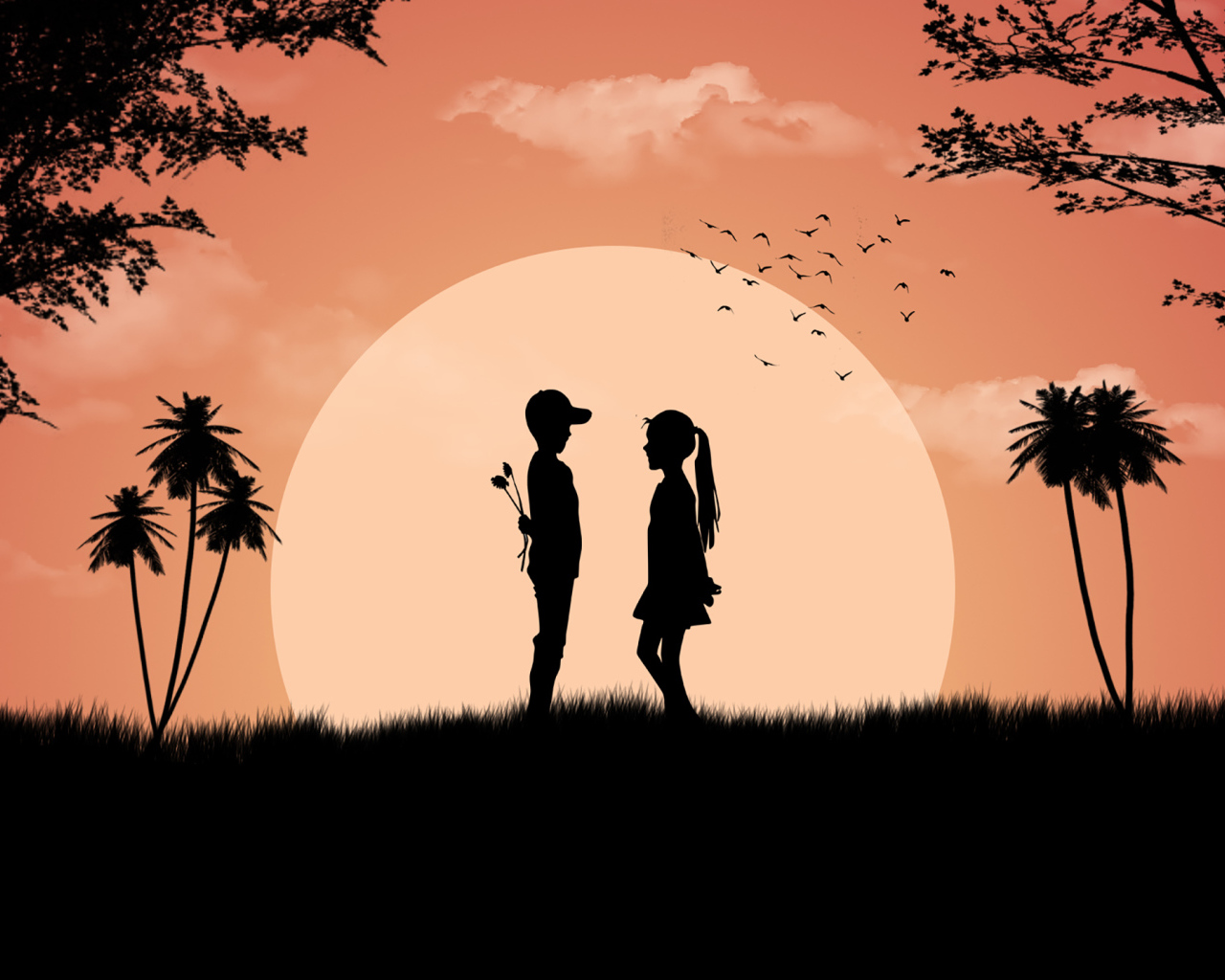 Влюбленная пара на фоне большой луны