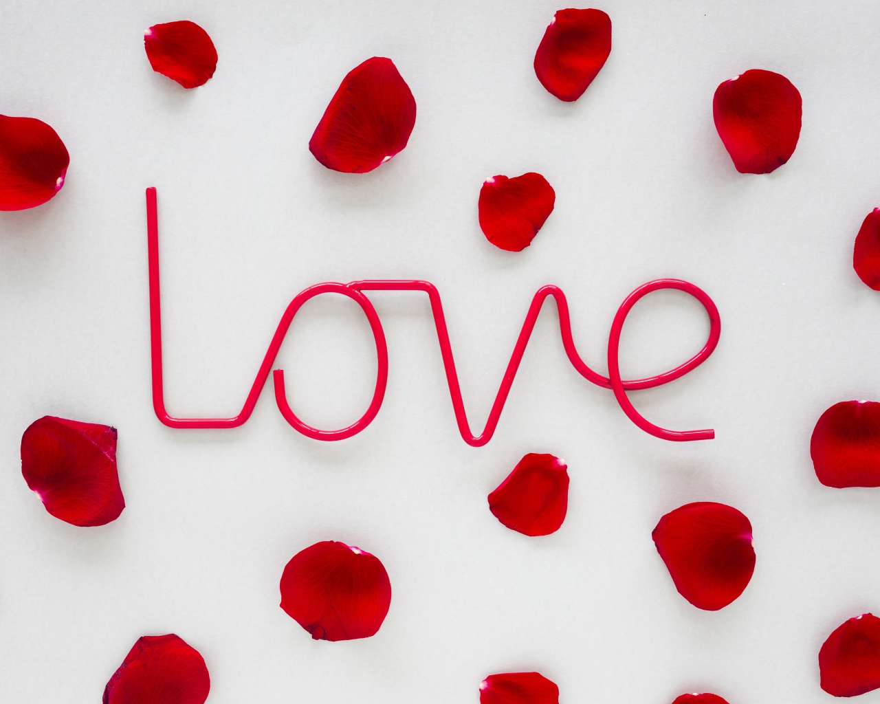 Розовая надпись Love на сером фоне с лепестками розы 